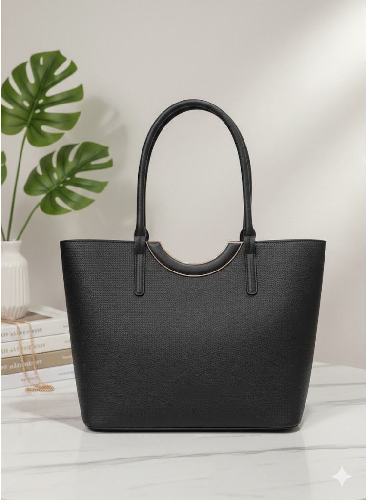 FUMES Women’s Structured Tote Handbag – Solid Textured Finish, Dual Top Handle, Elegant Office & Daily Carry Bag (Black) - Image 3